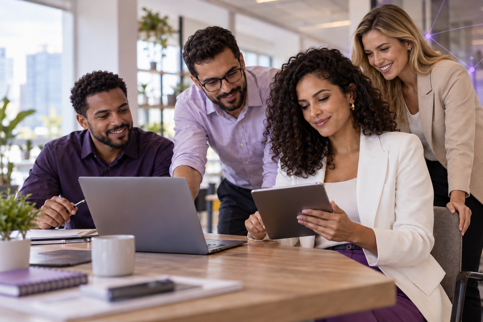 Profissionais analisando informações juntos em um ambiente de trabalho moderno.